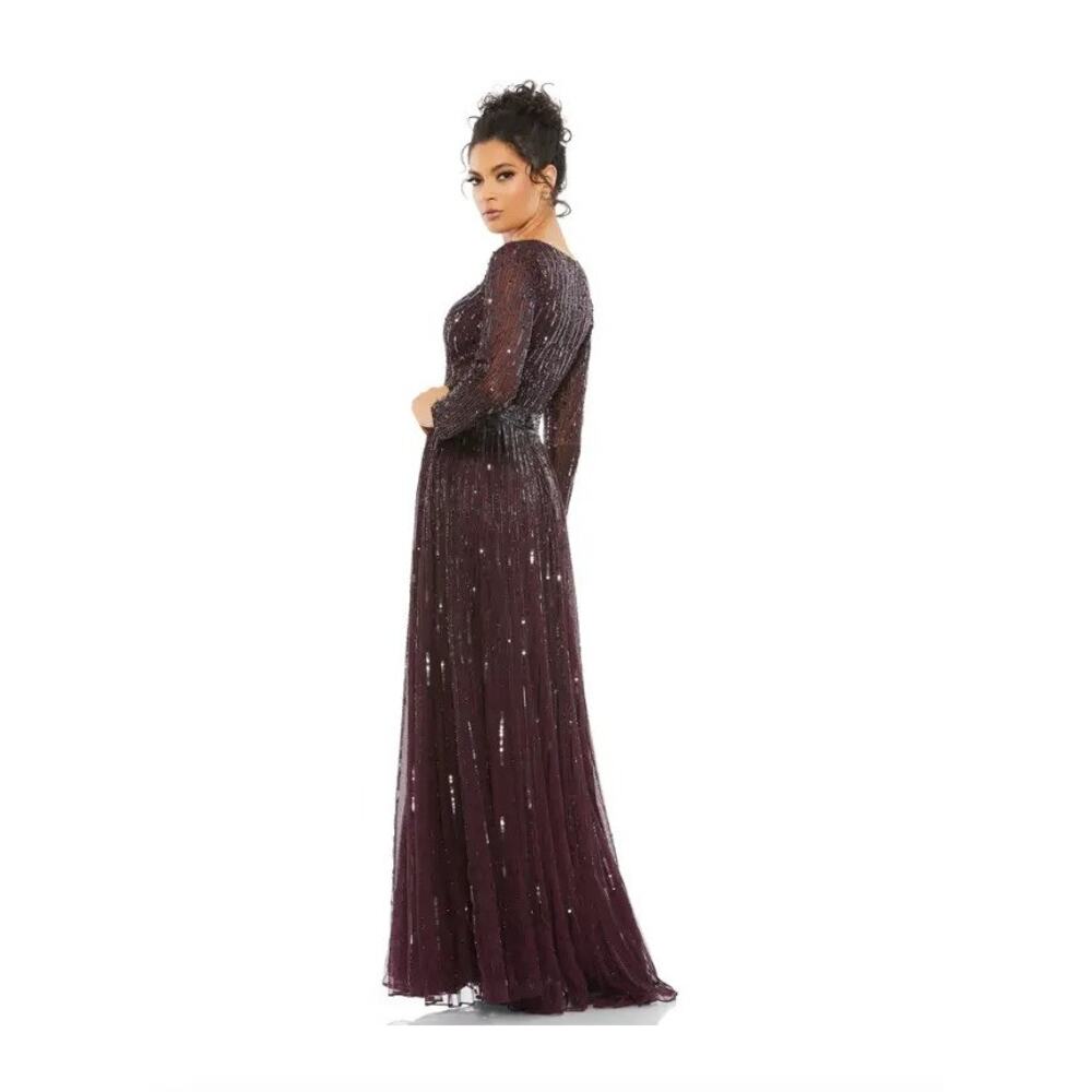 Mac Duggal 4977 Sequined & Bead Plunging V-Neck Mulberry Gown SZ 14 NWT - Picture 3 of 12